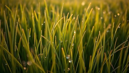 ryegrass. Dew-kissed ryegrass meadow at dawn, morning light on slender blades. travel magazines, destination branding, designed for outdoor magazines and nature guides, used by sales representatives.