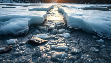 verglas. Landscape of a melting river breaking through ice in morning light. travel magazines, destination branding, designed for outdoor magazines and nature guides, drives exploration.