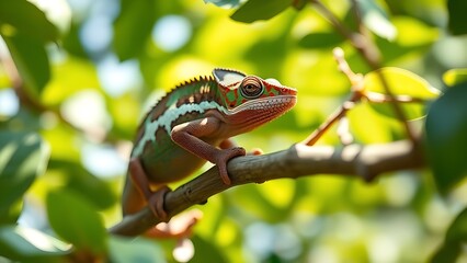 whiptail. Chameleon on a tree branch mid-color change, blending with green leaves. wildlife magazines, conservation campaigns, designed for eco-tourism storytelling.