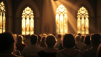 reverent. A peaceful spiritual gathering illuminated by soft golden light filtering through stained glass. event programs, museum guides, designed for cultural heritage projects and event programs.