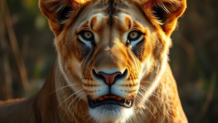 bigcat. Lioness portrait capturing powerful features and natural intensity in a wildlife setting. wildlife magazines, conservation campaigns, designed for eco-tourism storytelling.