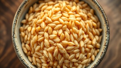 kamut. Close-up of a bowl containing cooked grains, highlighting their elongated shape. menu design, packaging mockups, designed for culinary blogs and recipe cards for restaurants.