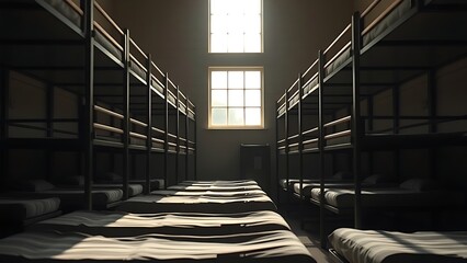 pudica. Military barracks with rows of empty beds in soft morning light. real-estate listings, architecture portfolios, designed for architectural facade and classical detail presentations.
