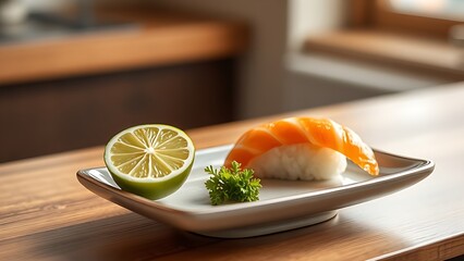 sudachi. A wedge of sudachi lime beside sushi on a ceramic plate atop a wooden counter. menu design, packaging mockups, designed for food delivery and cloud-kitchen brand materials.