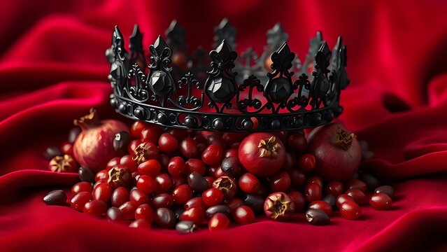infamy. Obsidian crown and pomegranate seeds on crimson velvet in dramatic lighting. event programs, museum guides, designed for cultural heritage projects and event programs.