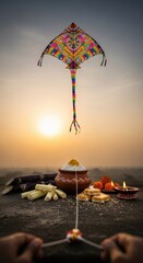 Obraz premium Joyful Makar Sankranti festival, hands flying a colorful kite against a radiant sunset sky, alongside traditional sugarcane, sweet sesame, rice, and glowing earthen lamps.