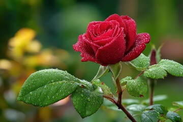 Close-up of a vibrant red rose covered in water droplets, its petals and leaves glistening in the soft light against a blurred green background showcasing natural beauty.