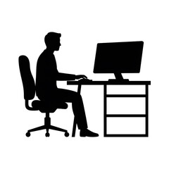 office worker sitting at desk using computer silhouette
