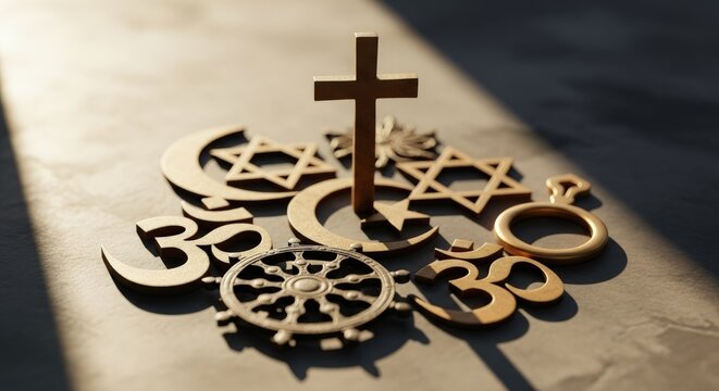 Global spiritual emblems featuring Christian cross, Islamic crescent, Jewish star, Hindu Om, and Buddhist wheel gather on a stone surface, under natural light, fostering interfaith peace.