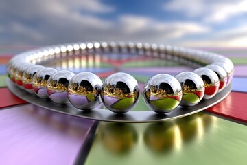 A visually striking display of chrome balls arranged in a circular pattern, creating a captivating abstract design with colorful reflections and a blurred background.