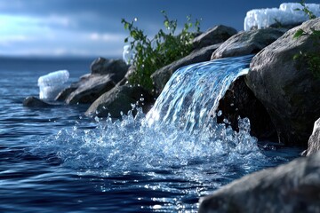 A close-up view of a small waterfall flowing over rocks into a clear lake, with lush green plants, clear sky, and cold ice on a sunny, bright, and refreshing day.