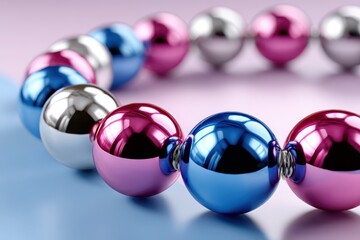 A vibrant bracelet made of blue, pink and silver beads arranged in a circle, casting reflections on a pastel background, jewelry and fashion concept.