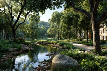 A tranquil scene with a winding stream surrounded by lush greenery and towering trees, creating a peaceful and serene atmosphere in a natural park setting.