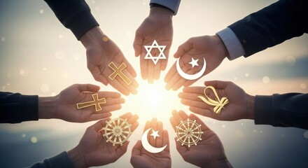 Diverse individuals join hands, presenting religious symbols together, radiating spiritual unity, promoting peace and acceptance among world faiths, glowing with shared hope and understanding.