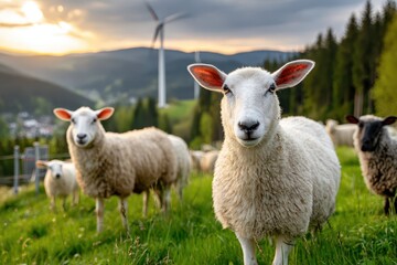A picturesque view of a flock of sheep grazing on a vibrant green meadow, with wind turbines turning gently in the background, against a beautiful sunset sky.