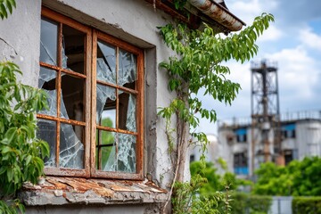 A weathered building facade features a broken window and overgrown vegetation, a symbol of decay and abandonment, reflecting urban decline and the passage of time.