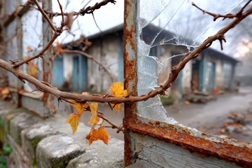 A melancholic view of an abandoned house through a rusty broken window, framed by autumnal vines with leaves and a sense of neglect, creating a surreal atmosphere.