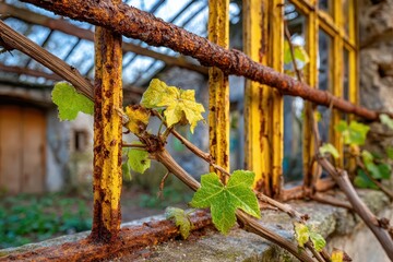 An old, yellow, rusty iron fence, partially overgrown with green leaves, creating a contrast between decay and new life, with blurred background.