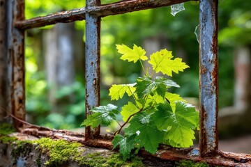 A vibrant green vine grows through the rusty window of an abandoned building, symbolizing resilience and hope, with lush foliage visible in the soft, blurred background.