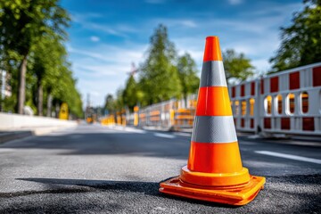 Close up of a traffic cone on a construction site, near roadworks with safety barriers, and a backdrop of vibrant green trees and a bright blue sky on a sunny day.