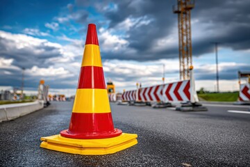 A close-up of a red and yellow traffic cone on wet asphalt, marking road construction with barriers and a crane in the background under a cloudy sky.