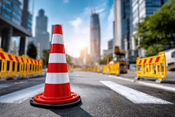 Road construction ahead: A traffic cone indicates ongoing construction work in the city, with barriers and skyscrapers in the background during daytime.