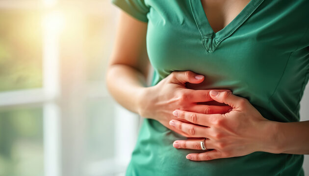 Woman in green shirt clutches her abdomen in pain. She experiences stomach ache possibly from digestive issues or illness. Discomfort causes her great distress.