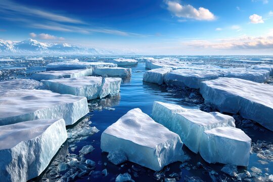 An expansive view of ice floes scattered across the Arctic ocean, under a bright blue sky, with snow-capped mountains visible in the distance, creating a stark, frozen landscape. - Powered by Adobe