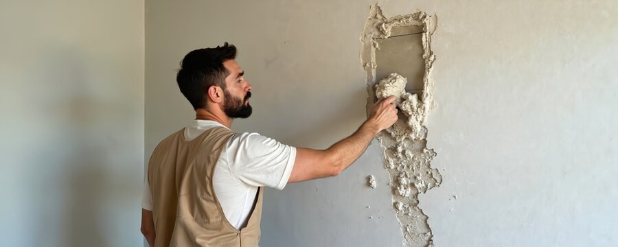 Man with beard applies plaster mix to broken interior wall using trowel. He repairs hole in drywall with cement material. Home improvement activity indoors.