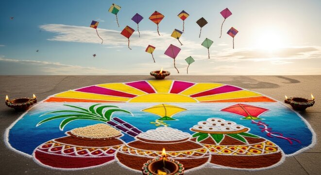 Makar Sankranti celebration, vibrant rangoli featuring sun, sweet sugarcane, filled pots, glowing oil lamps, colorful sky with many flying kites, harvest festivity.