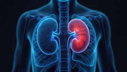 Medical illustration of human kidneys within glowing blue skeleton, vascular system. One kidney glows red, indicating potential health issues focus area. Anatomy shows ureters connecting to bladder
