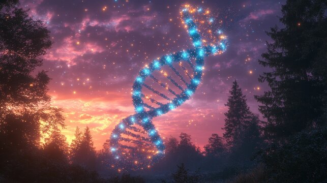 Futuristic glowing DNA helix floating above a forest during sunset, symbolizing genetics, science, biotechnology, innovation, evolution, and the connection between nature, advanced molecular research. - Powered by Adobe