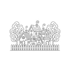 Obraz premium Cozy Village Landscape Line Art - Hand Drawn Neighborhood Houses and Trees Illustration