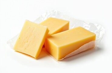 Three yellow cheese slices sit on white paper. Slices are rectangular and individually wrapped. Dairy product for cooking or eating. Packaged food.