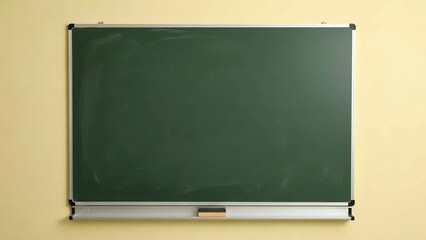 Empty Green Chalkboard on a Yellow Wall in a Classroom, Ready for Writing or Teaching Content