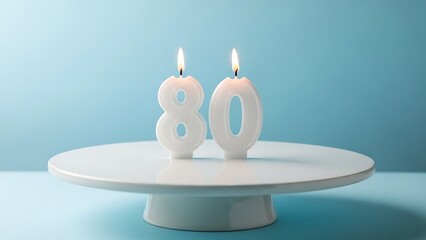 Eighty Candles Lit: Two elegant, lit candles shaped like the numbers 8 and 0 stand proudly on a pristine white cake stand against a soft, pastel-blue backdrop. It evokes a sense of age, celebration.