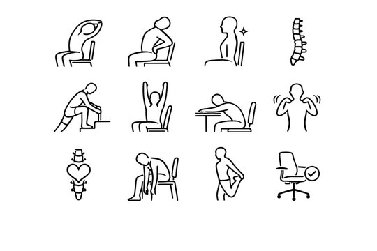 Back stretch sitting spine focus clarity routine posture icons health vector healthy