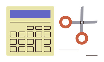 Budget planning, education, mathematics exercises, cost management, office tools, financial calculation. A calculator next to scissors on a white backdrop. Budget planning and education concept
