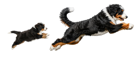 Bernedoodle Dog and Poodle adult and puppy play together while jumping on a transparent background