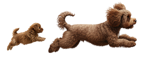 Maltipoo adult dog and puppy running together in a playful moment on white background