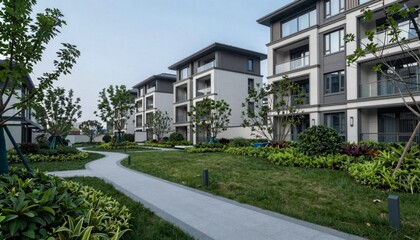 Modern Residential Living with Lush Gardens and Pathway