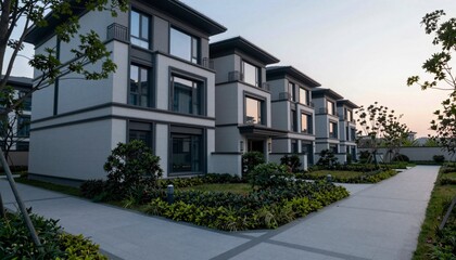 Modern Residential Row Amid Serene Garden