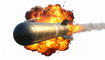 Missile flying past massive explosion, isolated on white background