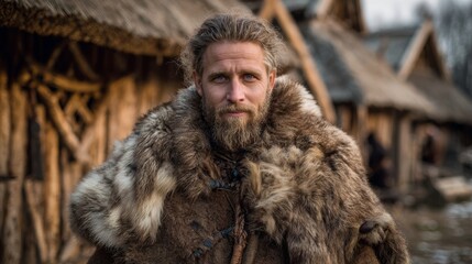 Viking warrior looking at the camera in his village