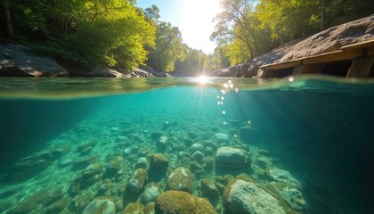 Split view of crystal clear river, underwater rocky bottom and green forest on sunny day. Sun rays pierce water surface, illuminating riverbed stones and aquatic plants.