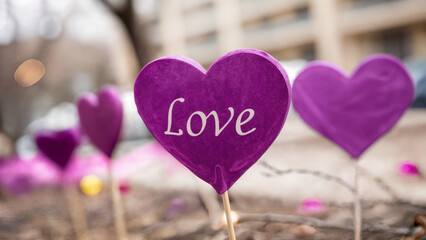 purple hearts with the inscription love