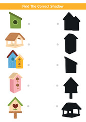 Educational find the correct shadow activity with colourful birdhouses and matching black silhouettes. Fun spring worksheet for kids, preschool learning and printable materials.