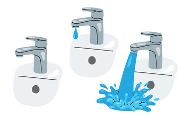 Vector illustration  of a dripping water tap with water drop and without. Flat colorful design without outlines, symbol of water conservation, clean water, ecology, awareness campaign.