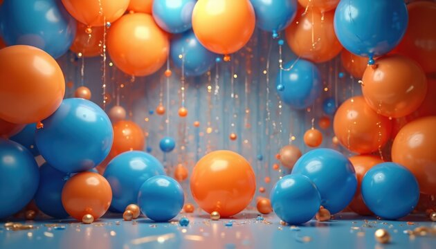 Blue and orange balloons float with confetti and shiny strings. Festive atmosphere for parties, holidays, and celebrations. Bright, colorful decor creates a happy mood for events.