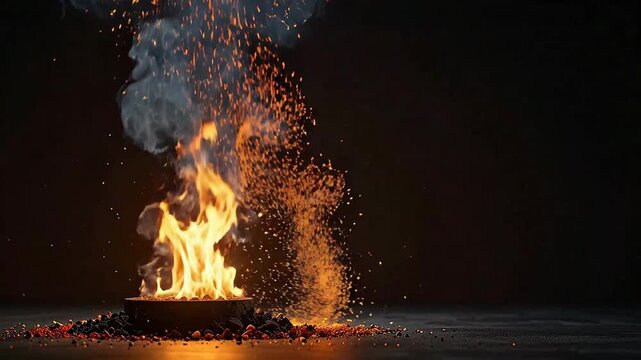A bright fire burns with smoke and sparks against a dark background, creating warmth.